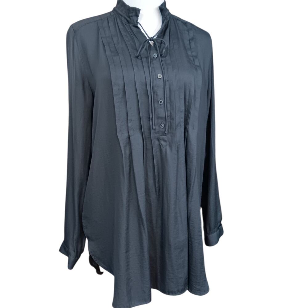 ANN‎ TAYLOR LOFT Long Tunic Top Flowy Blouse Loose Small Tucks Tie Gray Boho